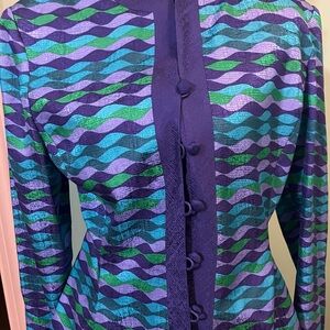 Safe Silk by Adrianna Papell Blue Teal Purple 100% Silk Jacquard Jacket size 8P